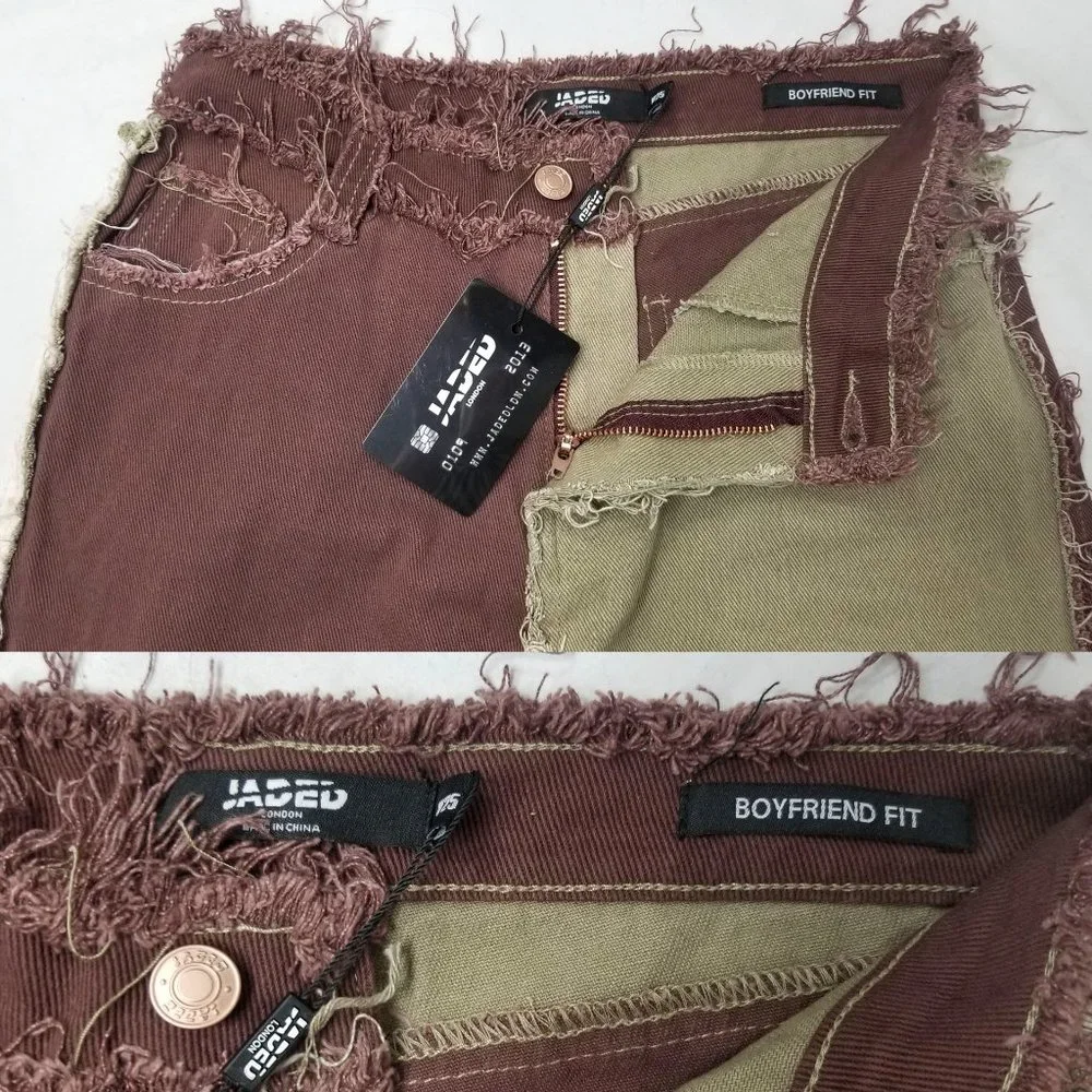 Jaded London Womens High Waisted Brown Patchwork Denim Jeans Pants NWT